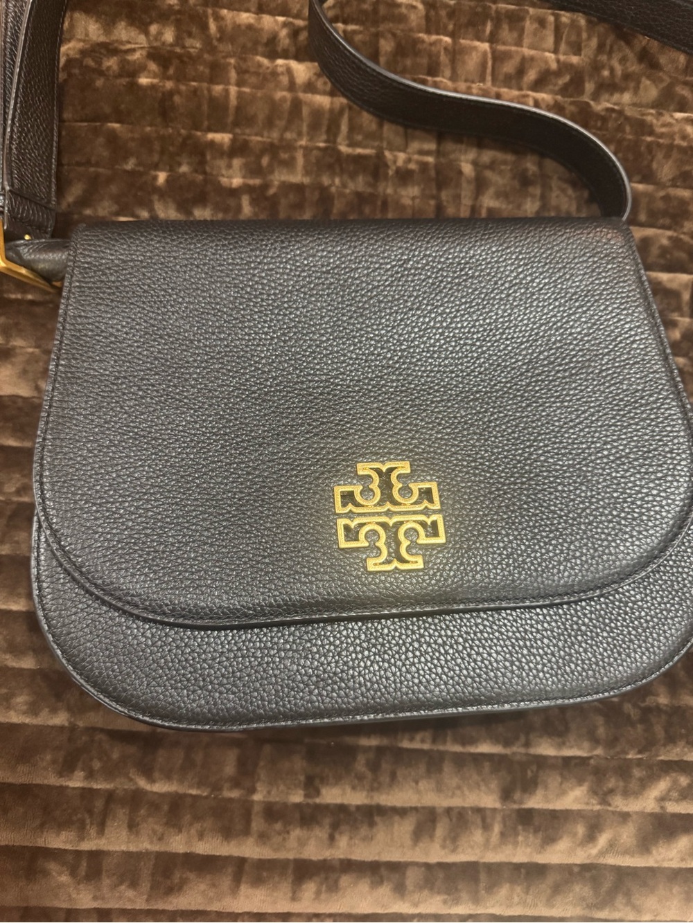 Tory Burch Black Pebbled Leather Saddle Crossbody with Gold Logo